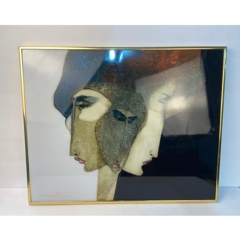 Ned Moulton Abstract Faces Framed Signed Artwork Mid Century Modern Style